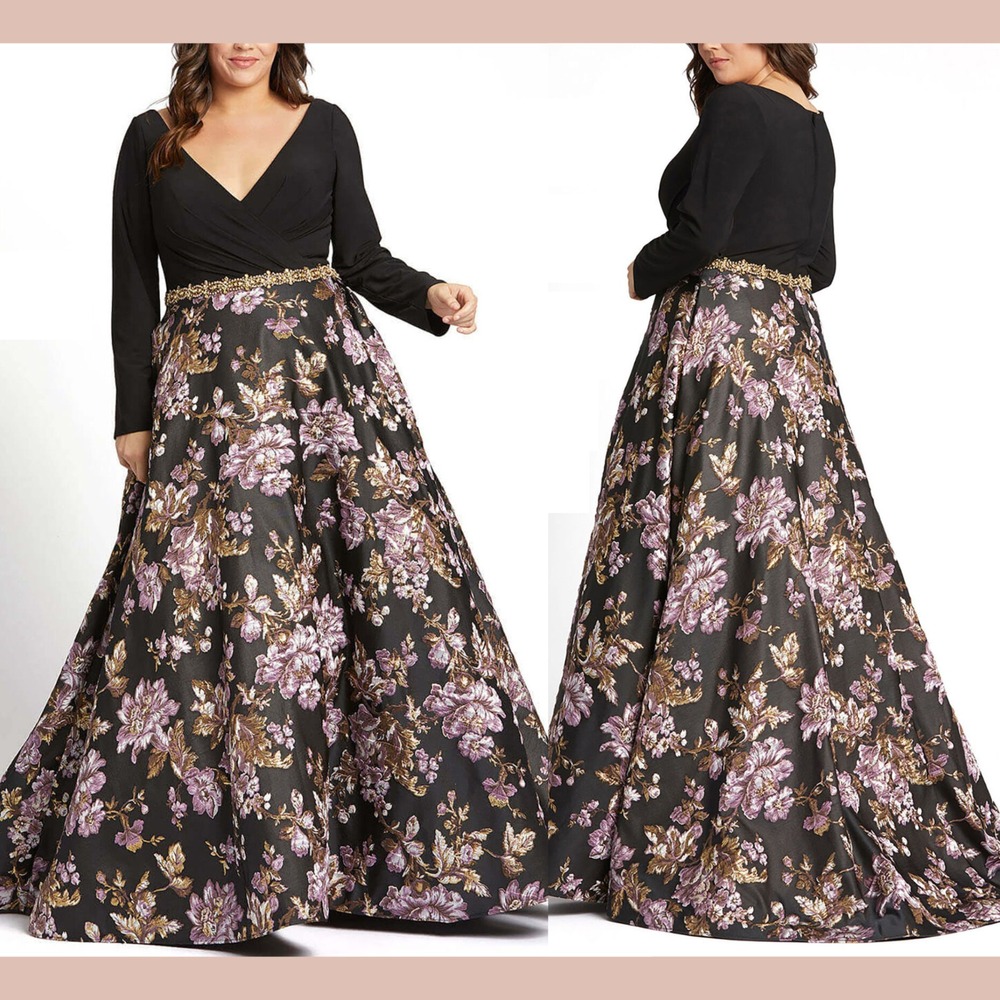 NWT Mac Duggal [ 16W ] 77745 V Neck Long Sleeve A Line Floral Brocade Gown S1889